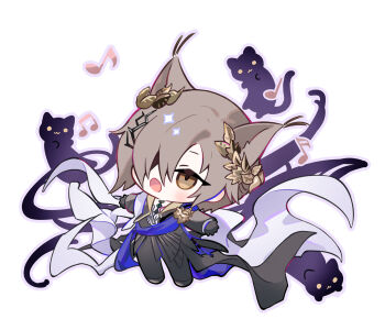 Rule 34 | 1boy, animal, animal ears, arknights, beamed eighth notes, black cat, black gloves, black jacket, black pants, black shoes, blush, brown eyes, brown hair, cat, chibi, eighth note, gloves, hair over one eye, highres, jacket, long sleeves, male focus, musical note, myluche, open mouth, outline, outstretched arms, pants, phantom (arknights), purple outline, quarter note, shirt, shoes, simple background, solo, spread arms, standing, tragodia (arknights), white background, white shirt