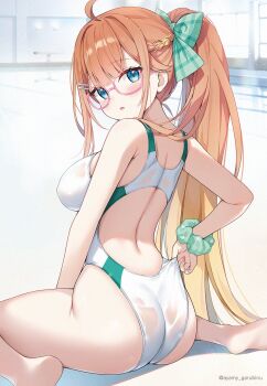 1girl adjusting_clothes adjusting_swimsuit artist_name ass ayamy barefoot blue_archive blush bow braid breasts commentary_request feet_out_of_frame glasses green_bow green_scrunchie hair_bow hair_ornament hairclip half_up_braid heart heart_print highres indoors large_breasts long_hair median_furrow no_halo one-piece_swimsuit orange_hair parallel_hairclips pink-framed_eyewear plaid_bow ponytail poolside print_scrunchie scrunchie see-through_clothes see-through_one-piece_swimsuit semi-rimless_eyewear shimiko_(blue_archive) sitting solo swimsuit under-rim_eyewear very_long_hair wariza wet wet_clothes wet_swimsuit white_one-piece_swimsuit wrist_scrunchie