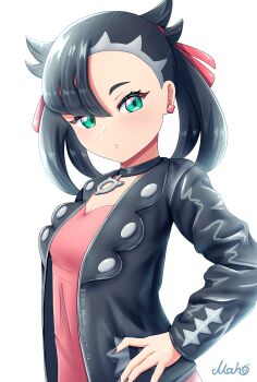 1girl absurdres asymmetrical_bangs black_choker black_hair black_jacket black_nails choker closed_mouth commentary_request dress earrings green_eyes hair_ribbon highres jacket jewelry leather leather_jacket looking_at_viewer maho_(corotonton5150) marnie_(pokemon) nintendo pink_dress pokemon pokemon_swsh red_ribbon ribbon solo twintails undercut upper_body white_background