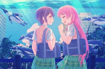 2girls aquarium bag bang_dream! bang_dream!_it&#039;s_mygo!!!!! bird brown_sweater_vest chihaya_anon closed_mouth commentary_request fang green_skirt grey_hair long_hair looking_at_another multiple_girls open_mouth penguin pink_eyes pink_hair plaid_clothes plaid_skirt pleated_skirt school_bag shirohata_nagisa shirt short_hair skirt smile sunshine_aquarium sweater_vest takamatsu_tomori white_shirt