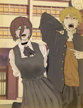 1boy 1girl 30_for_30 absurdres black_choker black_pants black_ribbon chainsaw_man choker denji_(chainsaw_man) fourth_east_high_school_uniform green_eyes hair_between_eyes hair_bun highres long_hair_between_eyes medium_hair neck_ribbon pants reze_(chainsaw_man) ribbon school_uniform sharp_teeth shirt_tucked_in single_hair_bun teeth