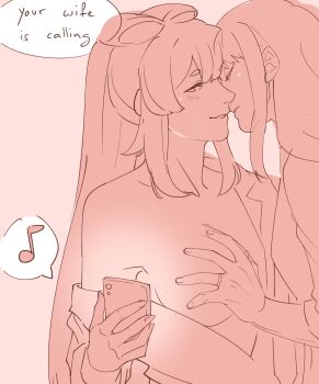 2girls archived_source blush bow bow-shaped_hair breasts brocoliholy cheating_(relationship) collared_shirt english_text genshin_impact groping half-closed_eyes highres imminent_kiss jewelry long_hair looking_at_phone monochrome multiple_girls musical_note off_shoulder parted_lips partially_undressed phone raiden_shogun ring sangonomiya_kokomi shirt sidelocks smile speech_bubble talking thick_eyebrows very_long_hair yuri