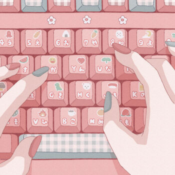 1girl animal_print applying_manicure bear_print clover_print coffee_cup_print commentary computer computer_keyboard crescent_print dinosaur_print emoji_print flame_print floral_print food_print fruit_print ghost_print green_nails hand_focus heart heart_print highres mushroom_print nail_polish nekomaru0817 onigiri_print orange_print original pink_nails pink_theme symbol-only_commentary tenshi_kaiwai watermelon_print