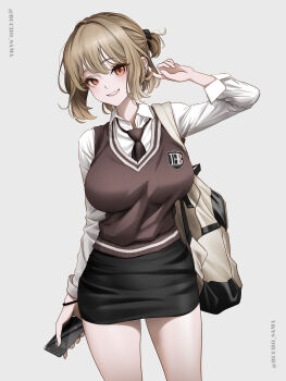 1girl absurdres alternate_costume anis_(nikke) backpack bag black_skirt blush breasts brown_hair brown_necktie brown_sweater_vest bucho_sama cellphone commentary commentary_request english_commentary goddess_of_victory:_nikke heart heart-shaped_pupils highres holding holding_phone large_breasts looking_at_viewer loose_necktie miniskirt mixed-language_commentary necktie pencil_skirt phone revision school_uniform shirt simple_background skirt smartphone smile solo sweater_vest symbol-shaped_pupils twitter_username white_shirt