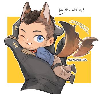 2boys animal_collar animal_ears black_gloves black_hair blue_eyes blue_shirt brown_gloves brown_pants call_of_duty call_of_duty:_modern_warfare_2 chibi collar dog_boy dog_ears dog_tail dreaming_oor english_text facial_hair ghost_(modern_warfare_2) gloves highres male_focus multiple_boys one_eye_closed pants shirt short_hair simple_background soap_(modern_warfare_2) solo_focus tail twitter_username