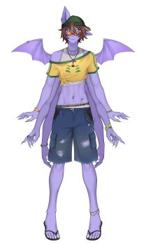 absurdres animal_ears anklet baseball_cap bat_boy bat_ears bead_anklet beads blonde_streaks brazil brown_hair colored_sclera colored_skin cropped_shirt dante_will dante_will_(bat) dante_will_(summer_2026) ear_piercing extra_arms extra_eyes fingernails flip-flops hat highres jewelry long_hair long_sleeves male_underwear male_underwear_peek multicolored_hair neobaka odenillust ohwasuy piercing purple_skin red_sclera sandals sharp_fingernails shirohomu shirt shorts smile streaked_hair sue_chwan sunglasses torn_clothes torn_shorts undershirt underwear watch wing_piercing wings wristwatch wristwear yellow_shirt