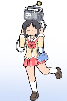Rule 34 | 1girl, bag, black hair, blue bag, bow, bowtie, brown shoes, closed eyes, closed mouth, emajelly, headphones, highres, jacket, nichijou, object on head, pleated skirt, radio, red bow, red bowtie, red skirt, sailor collar, school uniform, shinonome nano, shoes, short hair, simple background, skirt, smile, socks, solo, tokisadame school uniform, white background, white sailor collar, white socks, winding key, yellow jacket