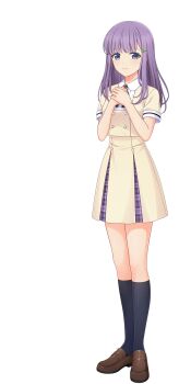 1girl artist_request black_socks blue_eyes brown_shoes cinderella_series closed_mouth clover_hair_ornament hachigatsu_no_cinderella_nine hair_ornament hairclip hands_on_own_chest highres kashino_asa kneehighs long_hair looking_at_viewer multicolored_shirt multicolored_skirt official_art own_hands_together plaid_clothes plaid_skirt purple_hair purple_skirt sailor_collar school_uniform shirt shoes short_sleeves skirt socks solo transparent_background white_sailor_collar white_shirt yellow_shirt yellow_skirt