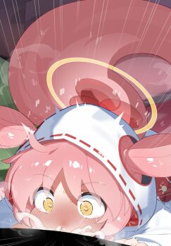 1boy 1girl ^^^ absurdres blush collarbone constricted_pupils cum cum_in_mouth cum_in_nose cum_overflow deepthroat dress fellatio flat_chest hair_through_headwear halo heart heart_in_eye hetero highres hood hood_up hooded_jacket jacket jigokudani_fululu lamia large_variant_set loli long_hair long_sleeves mamoru-kun_wa_norowarete_shimatta! mizumizuni monster_girl nose_blush open_mouth oral pink_dress pink_hair pov sweat symbol_in_eye tearing_up tears variant_set white_jacket wide-eyed yellow_eyes yellow_halo