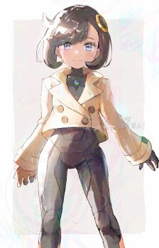 1girl anzu_(v0_0v_o0) black_bodysuit black_hair black_jacket blush bodysuit closed_mouth cowboy_shot dark-skinned_female dark_skin emma_(pokemon) highres jacket long_sleeves looking_at_viewer mega_stone nintendo pokemon pokemon_legends:_z-a purple_eyes short_hair smile solo twitter_username