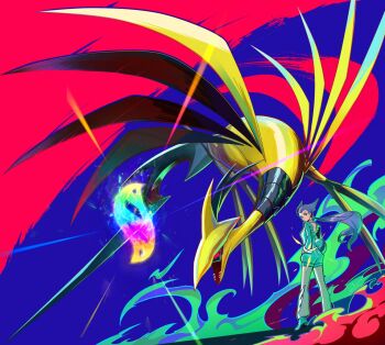 1girl bird black_eyes black_skin blue_suit blue_unitard colored_sclera colored_skin formal_clothes gen_2_pokemon gold_skin helmet highres horns jcstr long_hair long_sleeves mega_evolution mega_evolution_symbol mega_pokemon mega_skarmory metal_skin multicolored_skin nintendo pilot_helmet pokemon pokemon_(creature) pokemon_focus pokemon_oras purple_eyes purple_hair red_sclera sharp_teeth single_horn skarmory suit teeth two-tone_skin two_side_up unitard v-shaped_eyes wings winona_(pokemon)