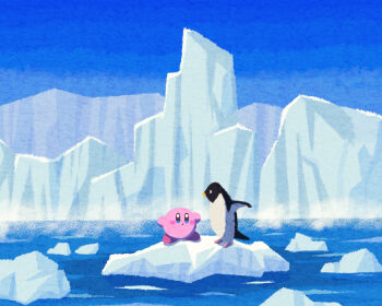 Rule 34 | bird, blue eyes, blue sky, blush stickers, closed mouth, commentary request, day, dot mouth, iceberg, kirby, kirby (series), miclot, nintendo, no humans, ocean, outdoors, penguin, sky