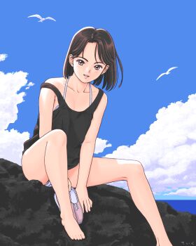 1990s_(style) 1girl archived_source arms_between_legs artist_name bare_arms bare_legs barefoot beach bird black_dress blue_sky bra bra_peek bra_strap breasts brown_eyes brown_hair character_request cloud commentary_request convenient_leg copyright_request curtained_hair dithering dress floating_hair foot_out_of_frame footwear_request holding holding_shoes holding_unworn_clothes horizon looking_at_viewer medium_hair ocean on_rock outdoors panties panty_peek parted_lips pc-98_(style) pink_shoes pixel_art retro_artstyle seagull shoes signature sitting sky small_breasts solo strap_slip teiku_(take) underwear unworn_shoes v_arms white_bird white_bra white_panties