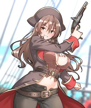 1girl absurdres ashigara_(kancolle) belt black_pants breasts brown_belt brown_coat brown_eyes brown_hair brown_hat cleavage coat furaggu_(frag_0416) gluteal_fold gun hat highres holding holding_gun holding_weapon kantai_collection large_breasts long_hair long_sleeves multiple_belts navel open_clothes open_coat pants pirate_hat solo standing stomach variant_set weapon