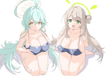 Rule 34 | 2girls, absurdres, ahoge, aqua hair, bandaid, bandaid on arm, bandaid on knee, bandaid on leg, bandaid on thigh, barefoot, blonde hair, blue archive, blue one-piece swimsuit, breast lift, breasts, cleavage, collarbone, full body, gogoco, green eyes, green halo, hair intakes, halo, hashtag-only commentary, highres, huge ahoge, large breasts, long hair, multiple girls, nonomi (blue archive), one-piece swimsuit, school swimsuit, simple background, swimsuit, very long hair, white background, yellow eyes, yellow halo, yume (blue archive)