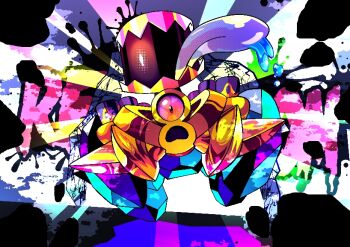 Rule 34 | alternate color, commentary request, drooling, full body, gold skin, jaggy lines, metal skin, nintendo, no humans, omega takai, one-eyed, open mouth, pokemon, pokemon (creature), pokemon focus, revavroom, shiny pokemon, solo, splatter, straight-on, tongue, tongue out