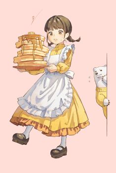 1girl apron bear braid braided_twintails brown_eyes brown_hair brown_shoes butter closed_mouth commentary_request concentrating dress film_grain food frilled_apron frills frown furry highres holding holding_plate ito_yoshi long_dress long_sleeves mary_janes nervous nervous_sweating original pancake pancake_stack pink_background plate polar_bear shoes short_hair short_twintails signature simple_background socks sweat sweater syrup twintails walking wavy_mouth white_apron white_socks worried yellow_dress yellow_sweater