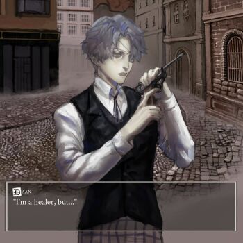 1boy black_vest character_name closed_mouth cocking_gun collared_shirt commentary daan_(fear_&amp;_hunger) dialogue_box english_commentary english_text eyepatch fear_&amp;_hunger_(series) fear_&amp;_hunger_2:_termina finger_on_trigger grey_hair gun handgun highres holding holding_gun holding_weapon i'm_a_healer_but..._(meme) jilalli lips long_sleeves male_focus medical_eyepatch meme neck_ribbon pants plaid_clothes plaid_pants purple_pants ribbon shirt short_hair solo upper_body vest weapon white_shirt