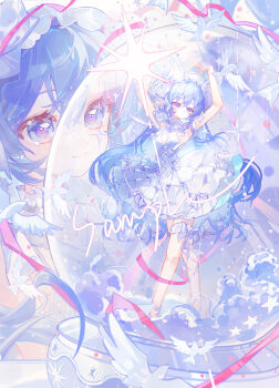 Rule 34 | 1girl, absurdres, bird, blue eyes, blue hair, bow, choker, closed mouth, dove, dress, flower, frilled choker, frills, hair bow, hair ornament, headdress, highres, layered dress, liu letian, long hair, mini person, minigirl, multiple views, original, pointy ears, rose, very long hair, white bird, white bow, white choker, white dress, white flower, white headdress, white rose