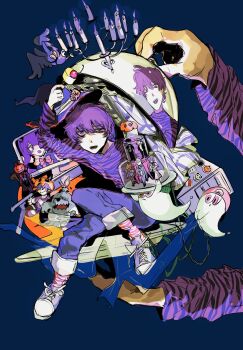 arm_up bat_(animal) blue_background chandelier character_request character_sticker clone commentary_request computer computer_tower crossover denim dog ebetan_(napoli_no_otokotachi) fire fork ghost greavard hacchi_(napoli_no_otokotachi) hat highres holding holding_fork jack-o'_ran-tan jeans knee_up kyouki_sanmyaku_~jashin_no_itadaki~ long_sleeves looking_at_viewer mahou_shoujo_minky_pinky mini_person miniboy minigirl monitor multiple_persona napoli_no_otokotachi nintendo on_plate open_mouth oshisu_(pentagon_2_15) out_of_frame pants pokemon pokemon_(creature) purple_eyes purple_fire purple_hair purple_pants purple_shirt raised_eyebrow red_socks reflection serving_dome shirt shoes short_hair shu3_(napoli_no_otokotachi) simple_background single_flame sitting size_difference sneakers socks sticker striped_clothes striped_shirt striped_socks sugiru_(napoli_no_otokotachi) uneven_eyes witch_hat