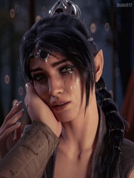 1girl 1other 3d absurdres artist_name baldur&#039;s_gate baldur&#039;s_gate_3 black_eyeshadow black_hair commentary dude017x dungeons_&amp;_dragons dungeons_&amp;_dragons elf english_commentary eyeshadow fingernails green_eyes hair_ornament hand_on_another&#039;s_face highres jewelry long_hair looking_at_viewer makeup parted_lips pointy_ears pov runny_makeup shadowheart_(baldur&#039;s_gate)