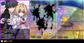 1boy 1girl ahoge annoyed arcueid_brunestud black_eyes black_hair black_hoodie blonde_hair blue_ribbon blue_skirt blush breasts cleavage commission controller english_text fingerless_gloves game_controller gloves hair_between_eyes highres holding holding_controller holding_game_controller hood hoodie l4st_resort livestream mario_(series) mario_kart nintendo open_clothes open_hoodie phantas-moon phantas-moon_(second_ascension) pink_gloves pink_hoodie playing_games recording ribbon shirt short_hair sitting sitting_on_lap sitting_on_person skirt smile thighhighs tohno_shiki tsukihime tsukihime_(remake) white_shirt