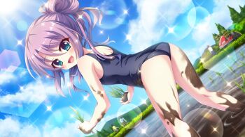 2boys 2girls :d ass blue_eyes blue_sky cloud day dirty dot_nose dutch_angle fang film_grain from_behind game_cg grass hair_bun hair_up holding holding_plant izumi_tsubasu leaning_forward lens_flare looking_at_viewer looking_back motor_vehicle mud multiple_boys multiple_girls non-circular_lens_flare non-web_source official_art open_mouth outdoors plant purple_hair re:stage! rice_planting school_swimsuit single_hair_bun sky smile solo_focus sparkle sun swimsuit tractor tree tsukisaka_sayu wading