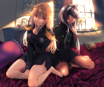 2girls barefoot bed black_jacket blonde_hair chart desk grey_hair hand_up highres jacket kneeling kuro_no_maou long_hair long_sleeves looking_at_viewer multiple_girls nikuman_(samara) picture_frame pillow purple_eyes red_eyes reki_(kuro_no_maou) smile thighs twintails ursula_(kuro_no_maou) v window