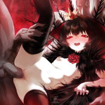 1boy 1girl ars_lycorys artist_name black_cloak black_hair black_souls black_souls_2 black_thighhighs blush brooch cloak clothes_grab colored_skin commission crown dark-skinned_male dark_skin flat_chest flower flower_brooch fur_cloak grey_skin grimm_(black_souls) highres jewelry leg_lift loli lorina_(black_souls) lying on_side open_mouth pale_skin penis pussy red_eyes red_flower red_rose rose sex short_hair thighhighs uncensored vaginal watermark