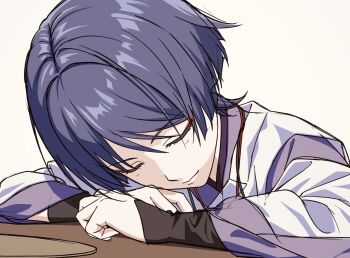 1boy absurdres arm_rest armor blunt_ends closed_eyes closed_mouth clothing_cutout eyelashes eyeliner facing_down genshin_impact grey_hair head_rest highres japanese_armor japanese_clothes kariginu kimono kote kurokote layered_sleeves long_sleeves makeup male_focus nezumi0814 purple_kimono purple_sleeves red_eyeliner scaramouche_(genshin_impact) scaramouche_(kabukimono)_(genshin_impact) shoulder_cutout sleeping smile solo string table white_background white_sleeves wispy_bangs