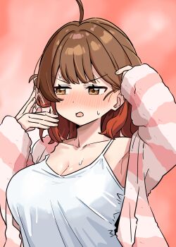 1girl :o absurdres ahoge armpit_peek aroon averting_eyes blush breasts brown_hair camisole collarbone comiket_107 commentary_request fanning_face fanning_self gakuen_idolmaster hanami_ume highres idolmaster jacket large_breasts multicolored_jacket nose_blush open_clothes open_jacket orange_hair pink_jacket solo sweat sweatdrop two-tone_jacket upper_body white_camisole