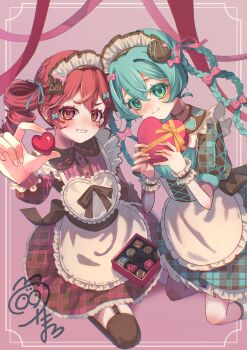 Rule 34 | 114 usamaro, 2girls, absurdres, apron, aqua bow, aqua dress, aqua eyes, aqua hair, black choker, black thighhighs, blush, bow, box, braid, buttons, chocolate, choker, closed mouth, commentary, dress, drill hair, english commentary, fingernails, food-themed hair ornament, frilled wrist cuffs, frills, gift, gift box, hair between eyes, hair ornament, hatsune miku, heart-shaped box, highres, holding, holding box, kasane teto, long hair, looking at viewer, maid, maid apron, maid headdress, multiple girls, orange ribbon, pink background, pink dress, plaid clothes, plaid dress, red eyes, red hair, red ribbon, ribbon, smile, thighhighs, twin braids, twin drills, utau, valentine, very long hair, vocaloid, wrist cuffs