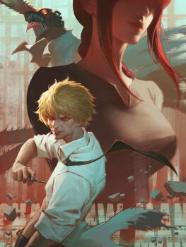 1boy 1girl arif_wijaya black_necktie black_pants black_shirt blonde_hair braid breasts chainsaw chainsaw_devil chainsaw_man collared_shirt denji_(chainsaw_man) dual_persona grin hair_between_eyes highres long_hair makima_(chainsaw_man) medium_breasts midriff necktie pants parted_lips red_hair sharp_teeth shirt short_hair sidelocks single_braid sleeves_rolled_up smile teeth torn_clothes upper_body white_shirt