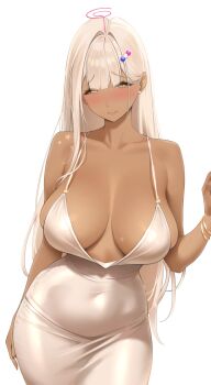 1girl absurdres alternate_costume blonde_hair blush bracelet breasts center-flap_bangs cleavage commentary covered_navel dark-skinned_female dark_skin double-parted_bangs dress english_commentary evening_gown hair_ornament hand_up highres hololive hololive_english huge_breasts jewelry limiter_(tsukumo_sana) long_hair looking_at_viewer planet_hair_ornament prab simple_background sleeveless sleeveless_dress solo spaghetti_strap tsukumo_sana very_long_hair virtual_youtuber white_background white_dress white_hair yellow_eyes