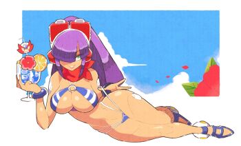 1girl android bikini blue_bikini blue_sky blunt_bangs breasts cocktail dark-skinned_female dark_skin day full_body green_eyes hair_over_one_eye headgear high_ponytail highres huge_breasts inkerton-kun layer_(mega_man) long_hair looking_at_viewer lying mega_man_(series) mega_man_x_(series) mega_man_x_dive mole mole_under_eye on_side ponytail purple_hair scarf sky smile solo swimsuit zero_(mega_man)