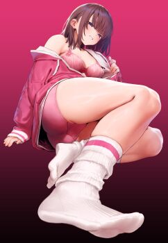 1girl blue_eyes bottomless bra brown_hair commentary_request from_below gradient_background highres jacket jacket_partially_removed jersey komiflo looking_at_viewer momokumo no_pants panties pink_background pink_bra pink_panties short_hair sidelocks socks solo underwear white_socks
