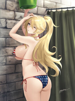 1girl ;o absurdres american_flag american_flag_bikini american_flag_print arms_up ass bikini blue_eyes breasts curtains flag_print flag_print_bikini from_behind high_ponytail highres iowa_(kancolle) kantai_collection large_breasts long_hair looking_at_viewer odachu one_eye_closed ponytail print_bikini shower_(place) solo stone_wall swimsuit very_long_hair