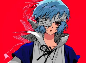 Rule 34 | 1girl, ayanami rei, ban (bango), bandage over one eye, bandaged head, bandages, black ribbon, blue hair, closed mouth, commentary, injury, looking at viewer, messy hair, neck ribbon, neon genesis evangelion, popped collar, red background, red eyes, ribbon, short hair, sketch, solo, untranslatable commentary