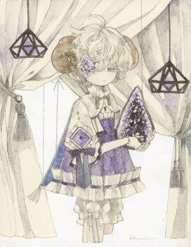 1girl acrylic_paint_(medium) ahoge bloomers bow brooch closed_mouth collar commentary_request crystal curtains dress expressionless feet_out_of_frame frilled_collar frilled_dress frills geode hair_over_one_eye half-closed_eyes high_collar highres holding horns indoors jewelry karintoun keyhole neck_ribbon original painting_(medium) pale_skin purple_dress purple_eyes ribbon sheep_horns short_hair signature solo standing swept_bangs tassel traditional_media underwear watercolor_(medium) white_hair