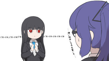 2girls :< aged_down alternate_hairstyle bespectacled black-framed_eyewear black_hair black_suit blue_archive blue_necktie bright_pupils clapping closed_mouth collared_shirt commentary expressionless formal_clothes glasses hair_ornament hair_over_shoulder hamachikichiki hands_up highres jitome long_hair long_sleeves looking_at_another multiple_girls necktie no_halo ponytail portrait red_eyes ringed_eyes rio_(blue_archive) shirt short_necktie sidelocks simple_background straight_hair suit sweatdrop translation_request triangle_hair_ornament upper_body very_long_hair white_background white_pupils white_shirt yuuka_(blue_archive)