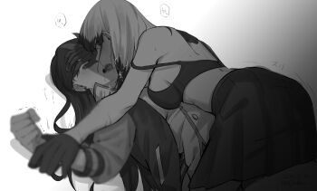 Rule 34 | 2girls, blurry, blurry foreground, blush, bra, breasts, colored tips, commentary request, covering another's eyes, dated, french kiss, gloves, greyscale, highres, inago akira, jacket, jouhou, kiss, large breasts, long hair, long sleeves, looking at another, lying, medium hair, minoseki gakuin uniform, monochrome, multicolored hair, multiple girls, on back, open clothes, open jacket, open mouth, pleated skirt, satsuki yomi, shirt, simple background, skirt, sound effects, streaked hair, sweat, toji no miko, twitter username, underwear, white background, yuri