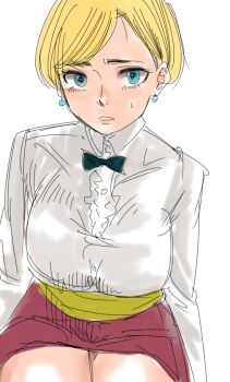 1girl blonde_hair blue_eyes breasts earrings female_focus jewelry king_(snk) large_breasts looking_at_viewer pale_skin shirt short_hair skirt the_king_of_fighters thick_thighs thighs tucon_b white_shirt