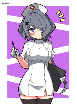 1girl absurdres arknights artist_name black_thighhighs breasts commentary_request cowboy_shot dress eyepatch gloves gluteal_fold grey_hair hat hendra highres holding holding_pencil large_breasts medical_eyepatch notice_lines nurse nurse_cap open_mouth partial_commentary pencil purple_background purple_eyes short_dress short_hair short_sleeves solo thighhighs whisperain_(arknights) white_dress white_gloves