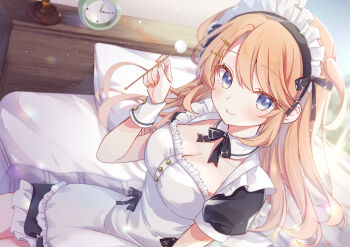 1girl absurdres alarm_clock bed bed_sheet blanket blush breasts cleavage clock closed_mouth day detached_collar dress gomano_rio highres indoors long_hair looking_at_viewer maid maid_headdress medium_breasts mimikaki on_bed orange_hair original pillow short_sleeves sitting smile solo two_side_up white_dress window wrist_cuffs