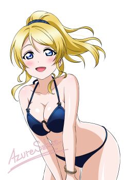 1girl :d artist_name ayase_eli azuresakura bikini blonde_hair blue_bikini blue_eyes blush bracelet breasts cleavage commentary_request cowboy_shot floating_hair high_ponytail highres jewelry large_breasts leaning_forward long_hair looking_at_viewer love_live! love_live!_school_idol_project open_mouth ponytail simple_background smile solo swimsuit white_background