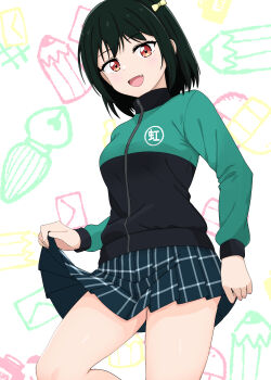 1girl :d absurdres blue_sky breasts clothes_lift commentary cowboy_shot green_hair green_jacket hashtag-only_commentary highres jacket kurono_(pixiv1905129) leg_up lifting_own_clothes long_sleeves love_live! love_live!_nijigasaki_high_school_idol_club medium_breasts medium_hair mifune_shioriko miniskirt nijigasaki_school_uniform nijigasaki_track_jacket open_mouth orange_eyes plaid_clothes plaid_skirt pleated_skirt school_uniform skirt skirt_lift sky smile solo white_background
