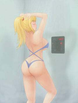 1girl ass bathing blonde_hair blue_suit breasts butt_crack closed_eyes clothes female_focus formal_clothes huge_ass large_breasts legs_folded long_hair metroid nintendo pale_skin ponytail saf-404 samus_aran shower_(place) showering solo straight_hair suit swimsuit switch washing_hair