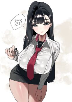 absurdres black_eyes black_hair black_skirt blunt_bangs breasts chastity_cage collared_shirt curvy gyaru hair_ornament hairclip highres holding_unworn_chastity_cage large_breasts long_hair miniskirt necktie original pazzimo pencil_skirt red_necktie shirt skirt thighs unworn_chastity_cage white_shirt