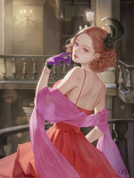 1girl alternate_costume ballroom bare_back bare_shoulders breasts brown_eyes brown_hair cleavage commentary dress english_commentary fluffy_hair gem hair_ornament highres jewelry okumura_haru pendant persona persona_5 pink_veil purple_gemstone red_dress short_hair signature solo solyu upper_body veil