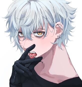 1boy bags_under_eyes barbell_piercing black_gloves black_shirt commentary_request ear_piercing fang fate/grand_order fate_(series) gloves grey_hair highres hyper_morimori industrial_piercing kadoc_zemlupus looking_at_viewer male_focus multiple_piercings neck_piercing piercing portrait shirt short_hair simple_background solo tongue tongue_out tongue_piercing white_background yellow_eyes